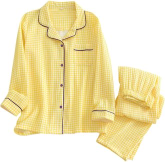 Generic Womens Pyjamas Set Checked Cotton Long Sleeve Button Up Top and Drawstring Bottoms Nightwear Soft Nightwear Loungewear Warm Pjs Sets 2 Pieces Cozy Dra