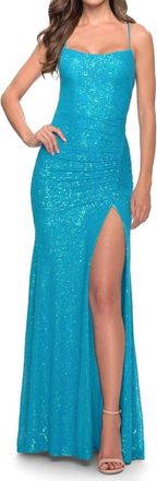 La Femme Square Neck Sequin Dress In Aqua