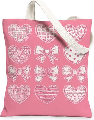 Generic Heart Canvas Tote Bags, Cute Bow Design Reusable Shopping Bags, Spring Floral Lightweight Washable Shoulder Strap for Trave, Peach, 13x15 Inch