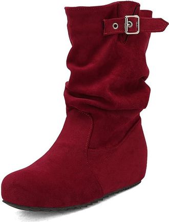 Generic Womens Retro Round Toe Ankle Boots Fashion Pleated Wide Calf Slip On Flats Winter Shoes with Buckle (5.5,Red)