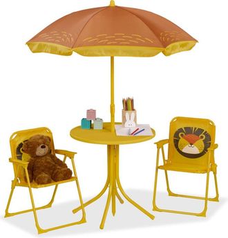 Relaxdays Relaxdays - Mobiliario Infantil Jardín, Estampado León, Sombrilla de Playa, Sillas Plegables, Mesa para Niños, Amarillo