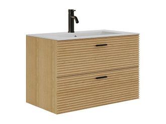 Vente-Unique Mobile Bagno Sospeso Scanalato Con Lavabo Da Incasso E Rubinetto 2 Cassetti Naturale Chiaro 80 Cm - Sarone
