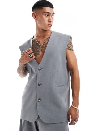 Asos Giacca senza maniche elegante e comoda taglio lungo grigia in coordinato-Grigio
