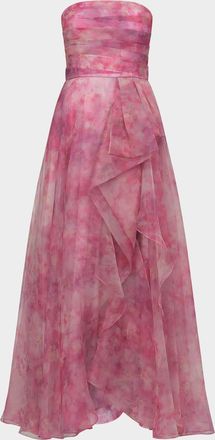 Theia Fahreta Strapless Floral-Print Organza Gown