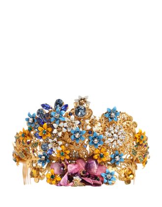 Dolce & Gabbana Gouden Messing Kristallen Bloemen Hortensia Kroon Hoofdband Tiara