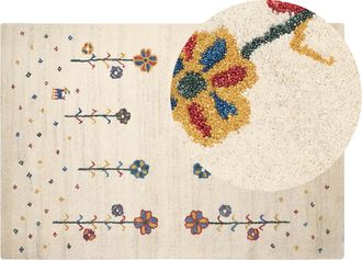 Beliani Alfombra Gabbeh De Lana Beige Azul Rojo Amarillo Verde 140 X 200 Cm A Mano Floral Husunlu