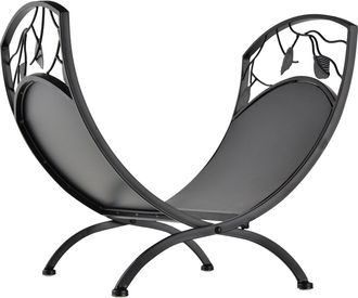 OUTSUNNY Metal Arced Firewood Log Holder Indoor Outdoor Folding Firewood Rack Fireplace Wood Storage Shelf w/ Leaf Pattern Design - Black - 43.5W x 36