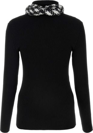 Burberry Womens Viscose Blend With Patterned Scarf Sweater Black Nylon Elastane