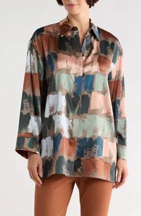Lafayette 148 New York Oversize Long Sleeve Silk Button-Up Shirt in Concrete Multi at Nordstrom Rack, Size X-Large