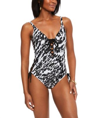 Bar III Heat Wave Lace-Up One-Piece Swimsuit In Black/white