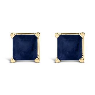 House of Brilliance 14K Yellow Gold 5x5MM Princess Cut Blue Sapphire Solitaire Stud Earrings