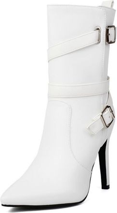 Generic Womens Elegant Pointed Toe Mid-Calf Boots with Double Buckle Straps & Stiletto Heel, for Casual & Evening Wear,White,7.5 UK