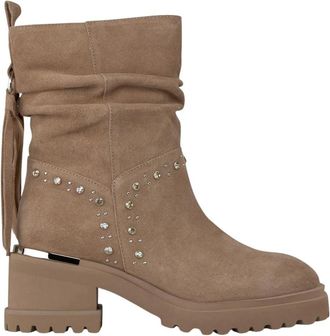Alma En Pena Enkellaars met brede hak en studs - Dames - Laarzen met Hak - Beige - 39 EU - Schoenen