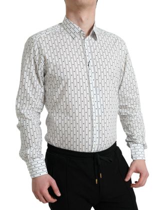 Dolce & Gabbana White Patterned Men Gold Formal Dress Shirt Cotton
