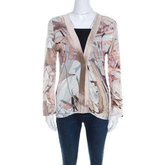 Escada Feather Brown Abstract Print Knit Button Front Soad Cardigan