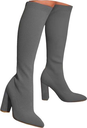 Generic Knee High Boots for Women 2025 Winter Casual Solid Color Chunky Heel Pointed Toe Long Tall Boots Slip On Lightweight Stretch Knitted High Heels Comfor