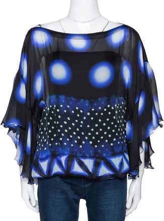 Roberto Cavalli Blue & Black Printed Silk Sheer Blouse