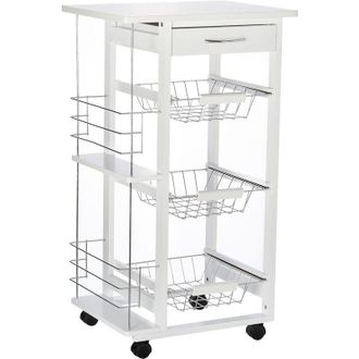 HOMCOM Carrello da Cucina Salvaspazio in Legno Bianco 4 Ruote 3 Cesti Estraibili - Homcom