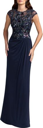 Mac Duggal Embroidered Cap Sleeve Jersey Gown in Midnight Multi at Nordstrom, Size 18