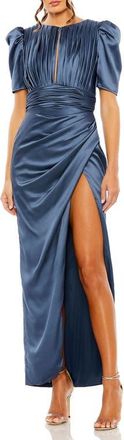Mac Duggal Pleated Charmeuse Dress with Puff Sleeves and Draped Waist in Midnight at Nordstrom, Size 10