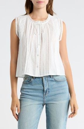 Lush Embroidered Sleeveless Cotton Button-Up Top in White at Nordstrom Rack, Size Medium