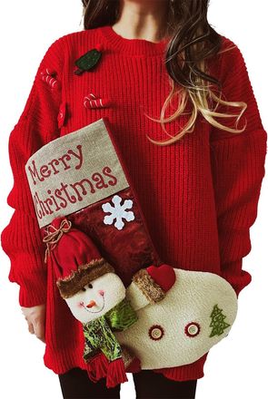 Generic Womens Christmas Jumpers,Christmas Jumper Funny,Womens Autumn and Winter Loose Round Neck Long Sleeve Solid Knit Pullover Sweater Knit Turtleneck Men 