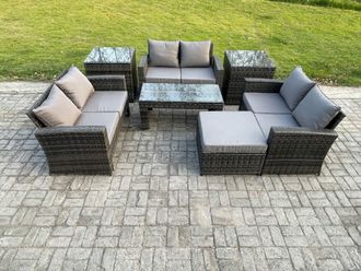Fimous 7 PCS Outdoor Lounge Sofa Set Wicker PE Rattan Garden Furniture Set with Coffee Table Double Seater Sofa in Dark Grey