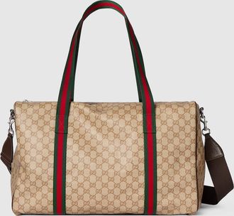 Gucci Medium Duffle Bag With Web, Beige, GG Canvas