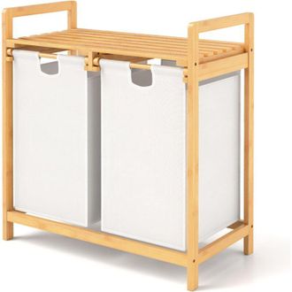 Costway Cesto Portabiancheria in Bamb&ugrave;, Cesto della Biancheria Sporca con 2 Scompartimenti Estraibili, con Borse Rimovibili e Mensola in Alto, 64 x 33 x 73