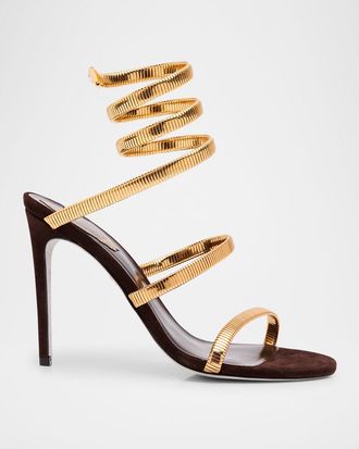 Rene Caovilla Meta Snake Spiral-Wrap Suede Sandals