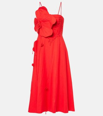 Farm Rio Floral appliqué linen-blend midi dress