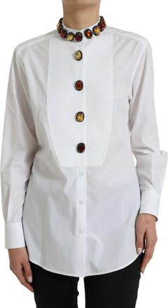 Dolce & Gabbana White Cotton Crystals Embellished Shirt Womens Top