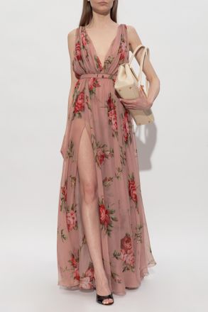 Dolce & Gabbana Silk Dress With Floral Motif, Womens, Pink