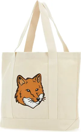 Maison Kitsun&eacute; Womens Fox Head Embroidered Canvas Tote Beige Exterior Cotton