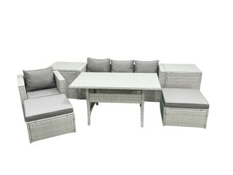 Fimous Rattan Garden Furniture Set Outdoor 6 Seater Patio Dining Sets with Glass Top Dining Table 2 Side Tables Light Grey Mixed