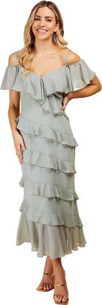 Little Mistress Waterlily Frill Cold Shoulder Midi Dress