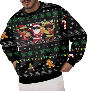 Generic Mens Christmas Sweatshirt 3D Printed Xmas Pullover Sweater Funny Santa Long Sleeve for Men Christmas for Men Funny Xmas Festival Patterned Outfits Top