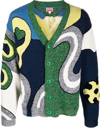 Kenzo abstract-intarsia knit cardigan - men - Cotton/Linen/Flax/Polyester/Silk - S - Blue