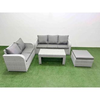 Fimous 6 Seater pe Rattan Wicker Garden Furniture Patio Conservatory Sofa Set with Oblong Coffee Table 3 Seater Sofa Love Sofa Big Footstool 2 Side Table
