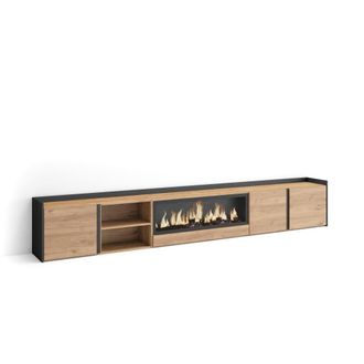Skraut Home Mueble tv efecto madera roble negro 315x35x50cm chimenea efecto fuego