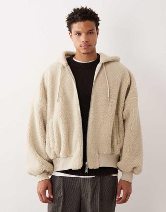Asos Felpa con cappuccio in pile beige super oversize con zip corta-Neutro