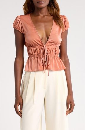 Wayf Jolie Smocked Tie Front Top in Sienna at Nordstrom, Size Large