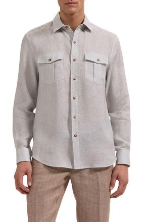 Bugatchi Stripe Shaped Fit Linen Button-Up Shirt in Khaki at Nordstrom, Size Xxx-Large