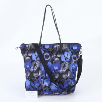 Prada Black Blue Nylon Leather Shoulder Bag Tote Bag (Pre-Owned)