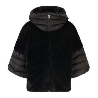 Herno Faux Fur & Shearling Jackets, female, Black, Size: S Striped Quilted Cape with Feather Padding
