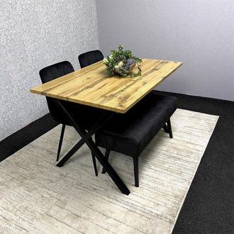 Kosy Koala Modern Dining Table Set with Padded Bench and Black Velvet Chairs Wood Effect Tabletop with X-Shaped Metal Legs Stylish Kitchen or Dining Room
