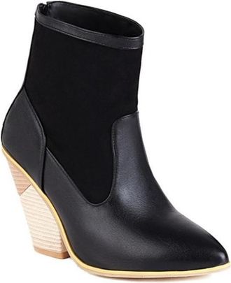 Generic Womens Patchwork Ankle Shoes Pointed Toe Wedge Heel Synthetic Suede Leather Comfortable Non Slip Durable for Party Night Out Street Fashion,Black,8.5 