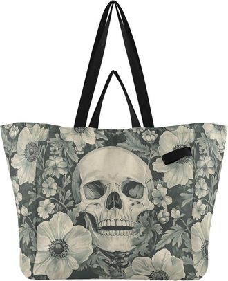 Generic Skull Flower Gray pattern Reusable Canvas Tote Bag, Heavy Duty Grocery Shopping Bag with Large Capacity Hard Bottom Double Handles Work Groceries Trav