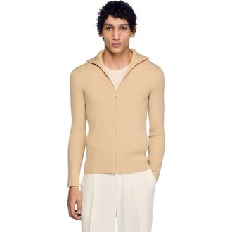 Sandro Zip cardigan with standing collar in Beige at Nordstrom, Size X-Large