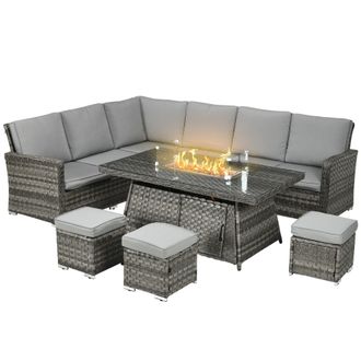 OUTSUNNY 7 Pieces Rattan Garden Furniture Set w/ 50,000 BTU Gas Fire Pit Table | TJ Hughes